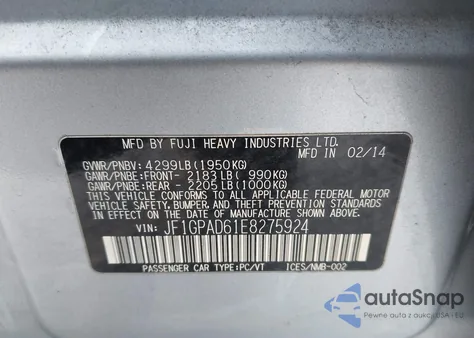 2014 Subaru Impreza 2.0I Premium from USA, damaged, VIN JF1GPAD61E8275924